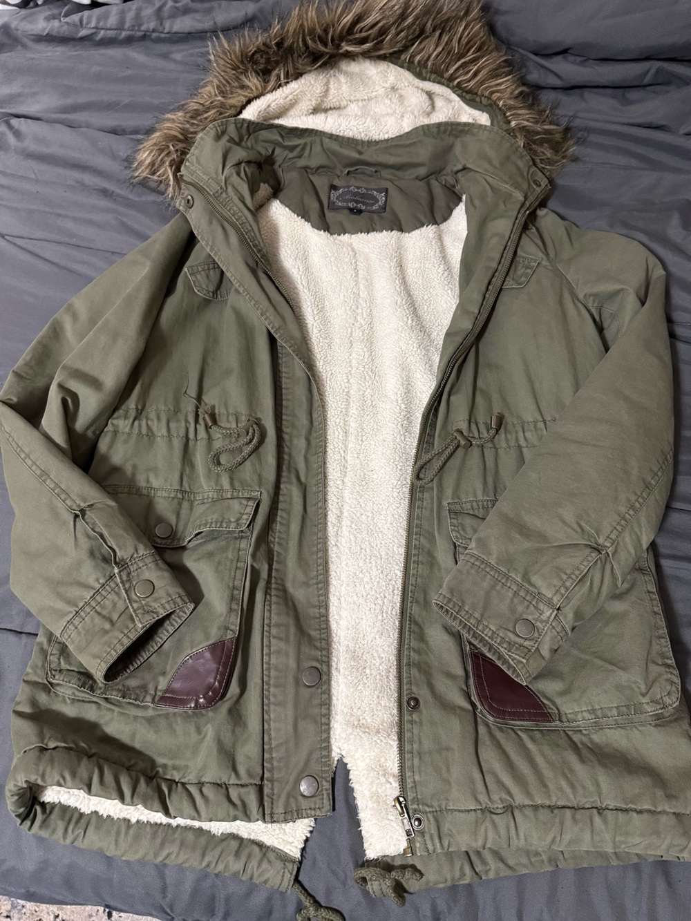 Ambiance Olive Green Utility Parka with Faux-Sherpa Lining and Fur-Trim Hood